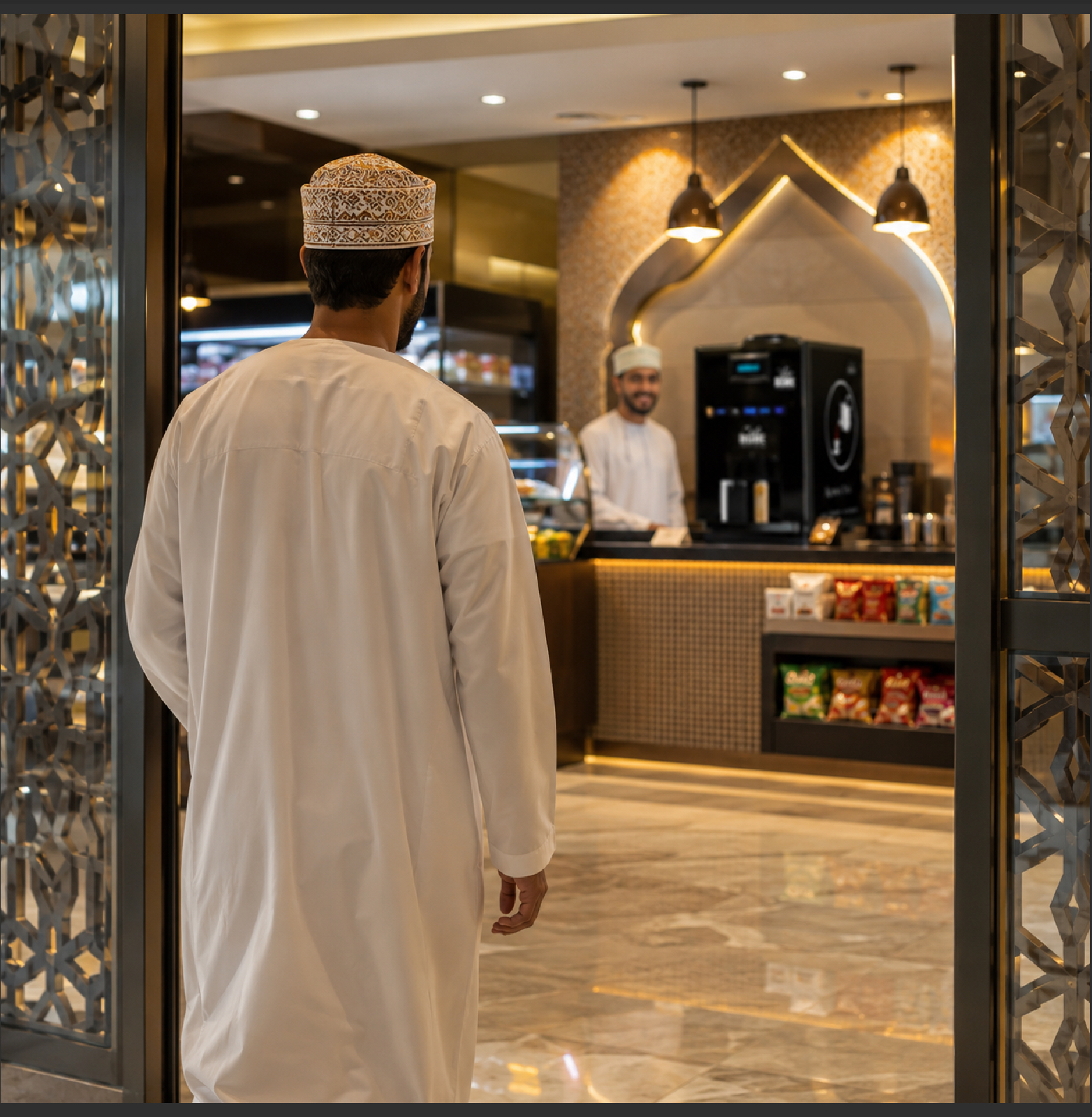 Customer entering a premium Omani beverage location