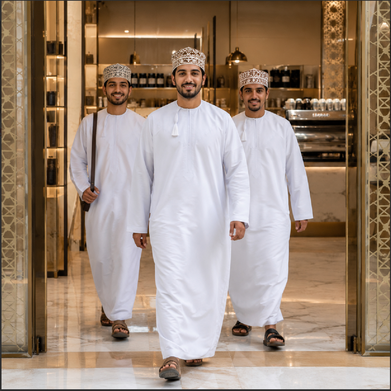 Satisfied customers returning to a premium Omani café