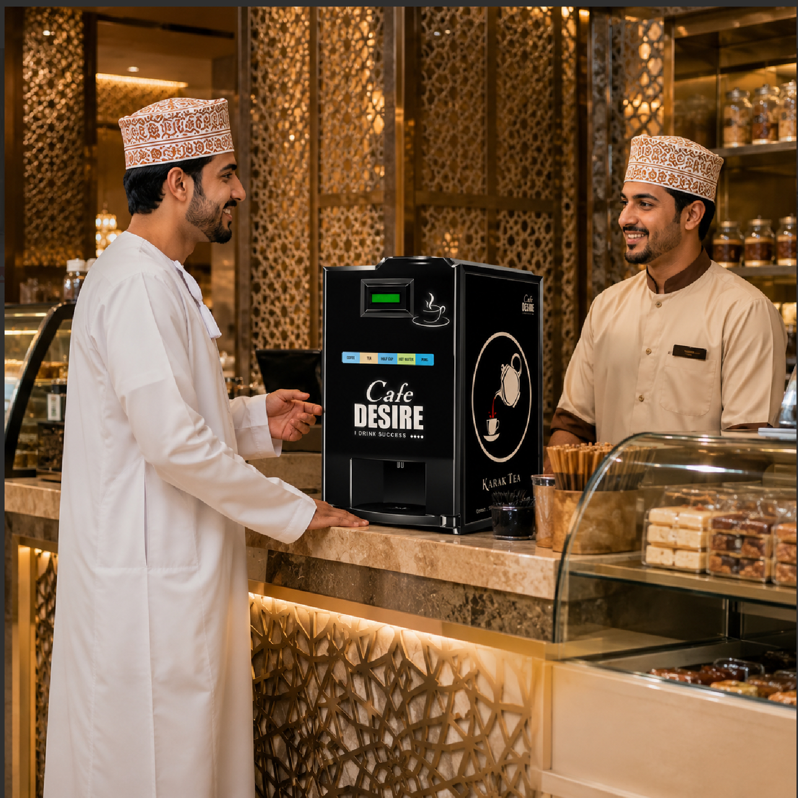 Customer ordering a beverage beside a Café Desire machine